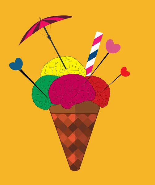 Иллюстрация Мороженого Сделанного Мозгов Желтом Фоне — стоковое фото