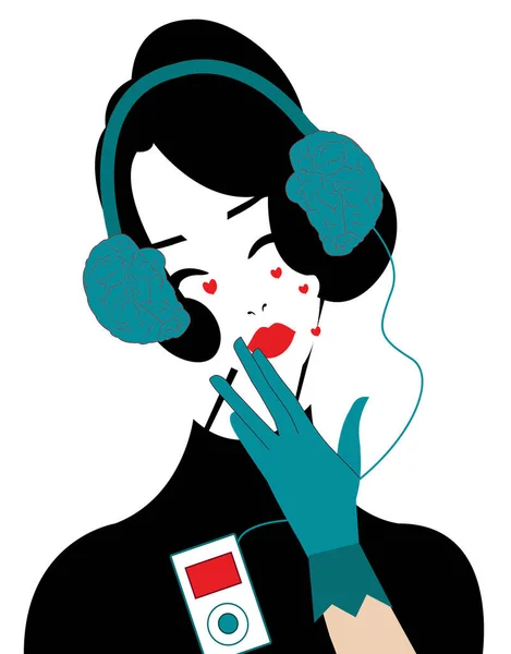 illustration of a woman listening to the brain as headset and crying with tears in the shape of a heart