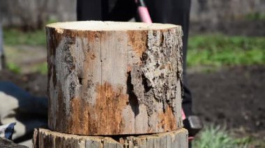 bir balta ile bir günlük kırmızı odun kesmenin bir adam. bir balta ile Ahşap Doğrama