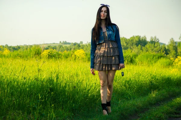 Esmer yeşil çayır üzerinde yürüyor.