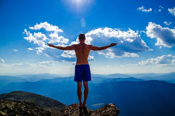 Man Stands Top Mountain Open Hands Top Mountain Man His — Stock Photo, Image