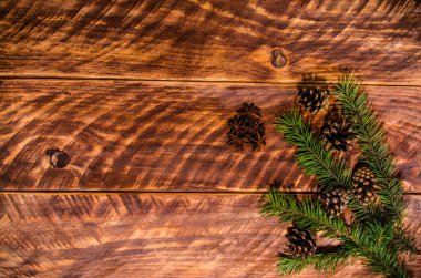 Noel konileri ve dallar tahta tahtalarda