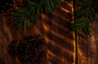 Noel konileri ve dallar tahta tahtalarda