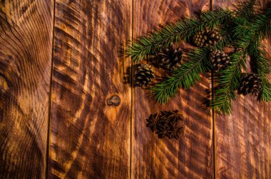 Noel konileri ve dallar tahta tahtalarda