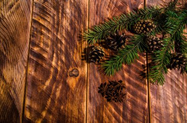 Noel konileri ve dallar tahta tahtalarda