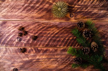 Noel konileri ve dallar tahta tahtalarda