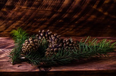 Noel konileri ve dallar tahta tahtalarda