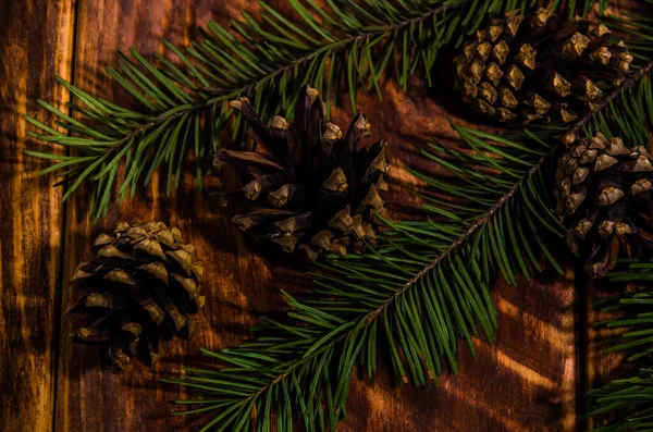 Noel konileri ve dallar tahta tahtalarda