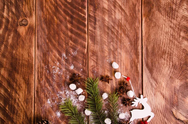 Viburno Rosso Coni Rami Natale Tavole Legno Con Marshmallow Fiocchi — Foto Stock
