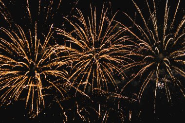 Karanlık gökyüzüne karşı havai fişekler. Kutlama. Ateş gösterisi. Wroclaw şehrinde festival