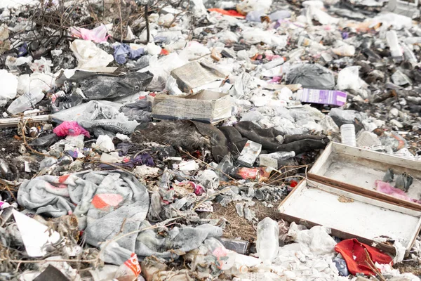 Gros Tas Déchets Éparpillés Sur Sol Pollution Environnement Catastrophe Environnementale — Photo