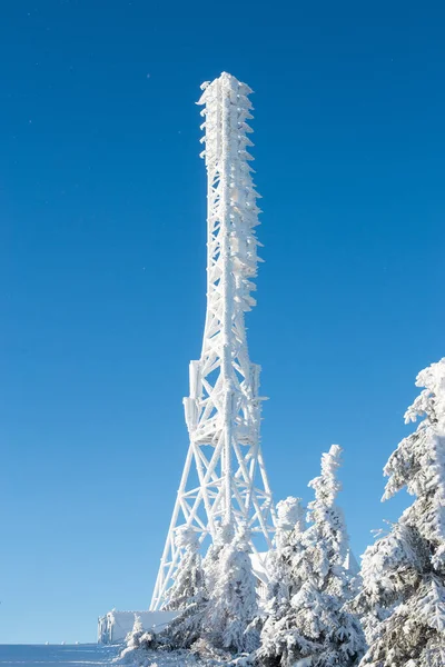 Televisión Congelada Torre Celular Nieve Pesada Cerca Del Centro Esquí —  Fotos de Stock