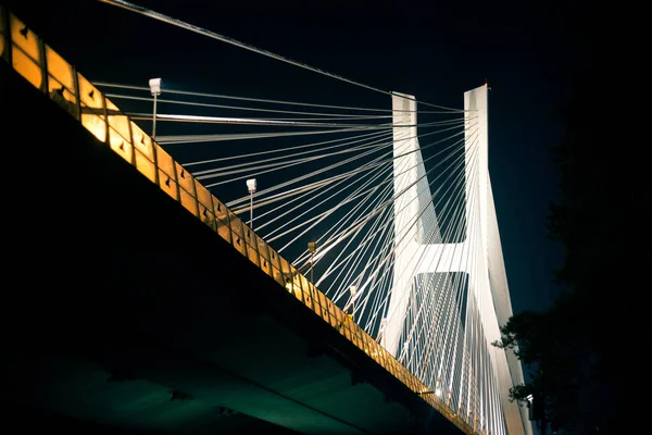 Suspension Bridge Night Illuminated Iron Cables Wroclaw — Stock Photo, Image