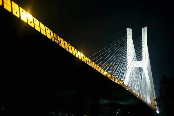 Suspension Bridge Night Illuminated Iron Cables Wroclaw — Stock Photo, Image