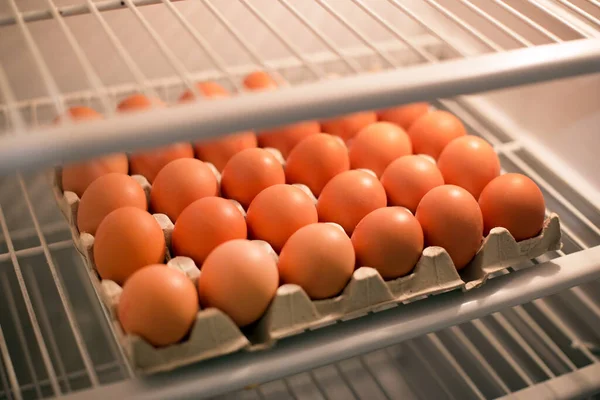 Buzdolabındaki tepside bir sürü tavuk yumurtası var.