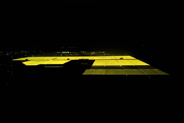 Greenhouse Glows Bright Yellow Night Aerial Photography — Stock Photo, Image