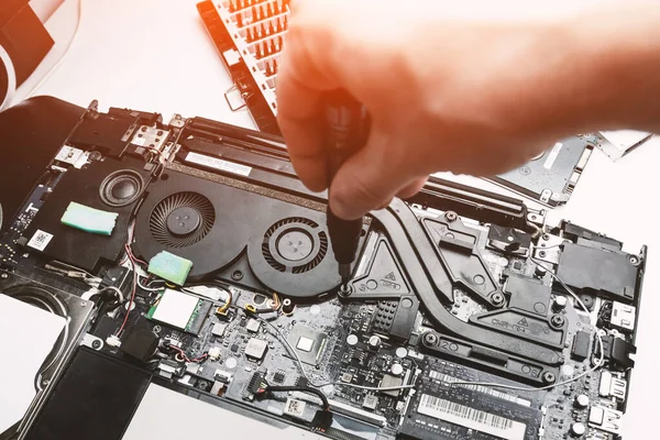 Atölyede dizüstü bilgisayar tamiri, erkek eli tornavida tutuyor.