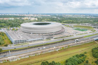Wroclaw Stadyumu yükseklikten, İHA 'dan Polonya' nın Wrocdaw şehrine manzara