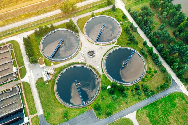Urban river water treatment, water filtration and purification, top view of the treatment plant