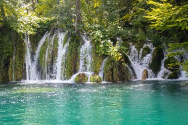 Parktaki şelaleler, göl kenarındaki güzel yaz manzaraları ve şelaleler, Plitvice Gölleri, Hırvatistan