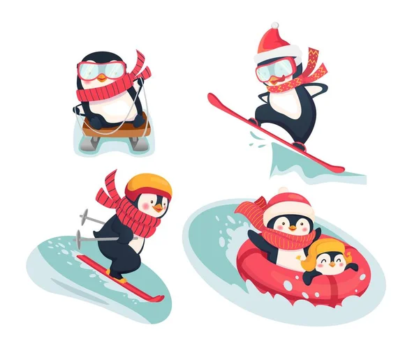 Active penguins in winter. Winter sports on holidays flat illustration