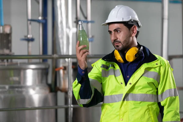 engineer or factory worker holding green basil seeds drink for checking quality in beverage factory