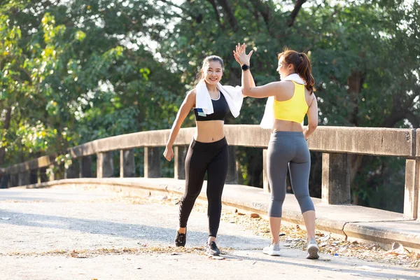 Asian Athletes Couple Hitting Hand High Five Bridge Evening — Stock Photo, Image