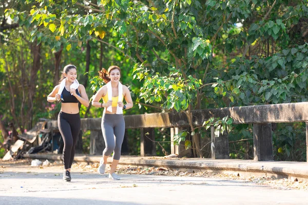 Asian Athletics Couple Woman Jogging Exercising Together Public Park Evening — Stock Photo, Image