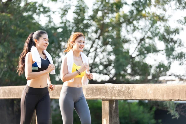 Asian Athletics Couple Woman Jogging Exercising Together Public Park Evening — Stock Photo, Image