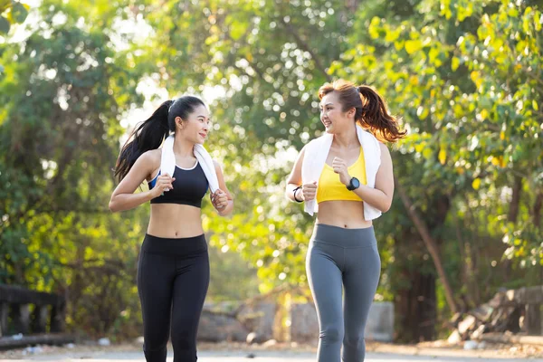 Asian Athletics Couple Woman Jogging Exercising Together Public Park Evening — Stock Photo, Image