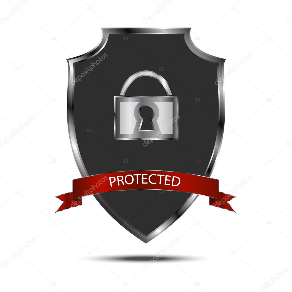 Metallic black silver shield with lock icon isolated on white background