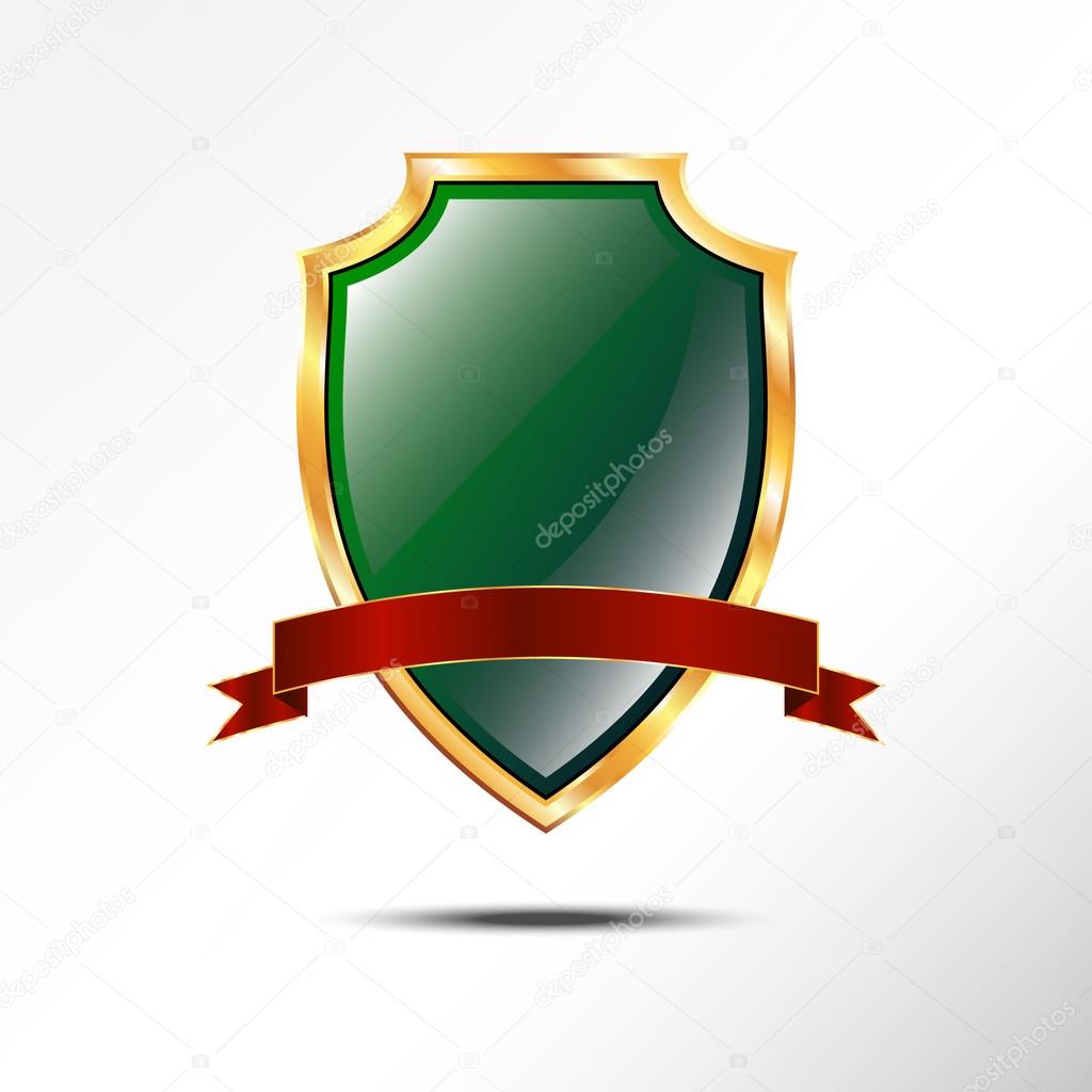 Metallic green golden shield with red ribbon. Vector icon isolated on grey background
