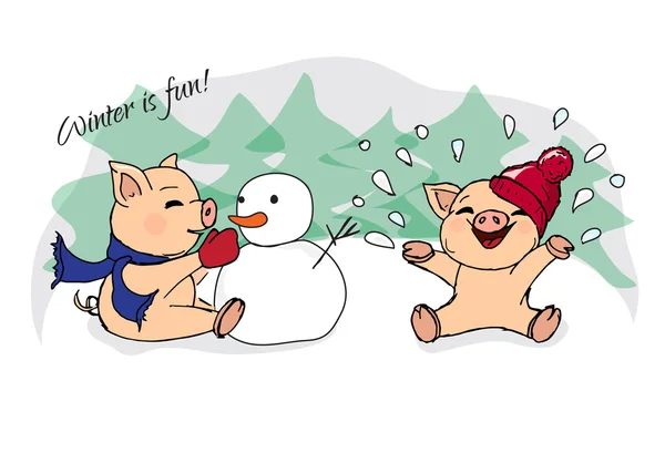 Ilustrações desenhadas à mão. Cartão de Ano Novo. Cartão de inverno com porcos . — Vetor de Stock