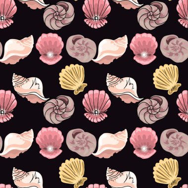 Elle çizilmiş resimler. Denizin derinliği üzerinde deniz kabuklarını görüntüsüyle. Seamless modeli.