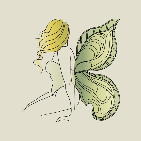 Ilustración chica con alas, mariposa, dibujado a mano — Vector de stock