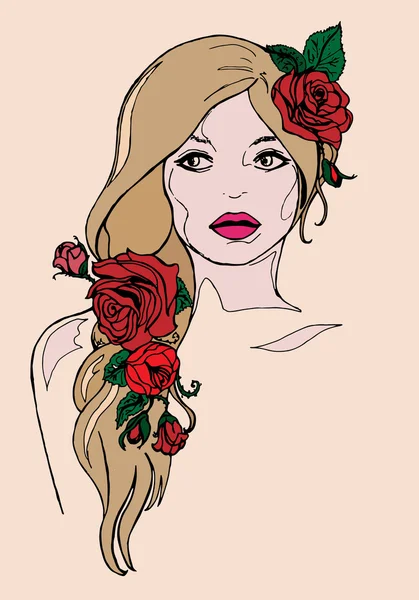 Menina ilustração com rosas, cartão postal, mão desenhada —  Vetores de Stock
