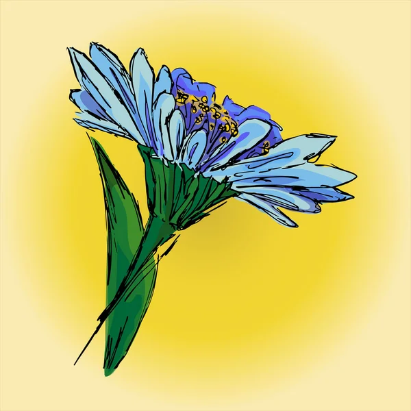 Ilustração de uma flor azul em um fundo amarelo, desenho à mão —  Vetores de Stock