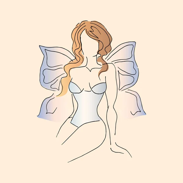 Ilustrace dívka s křídly, světle modrá, ruční kreslení — Stockový vektor