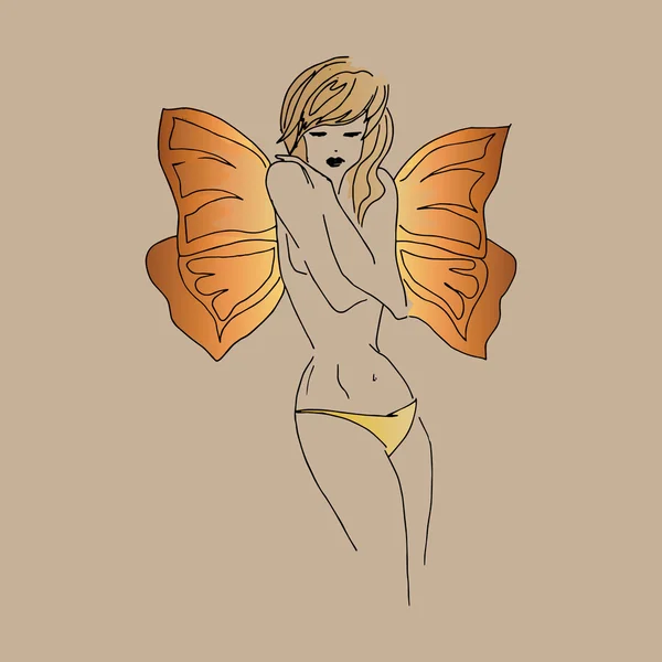 Menina ilustração com asas, laranja, desenho à mão —  Vetores de Stock