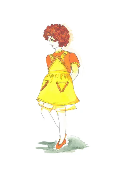 Ilustração de uma linda menina em um vestido de sol laranja — Vetor de Stock