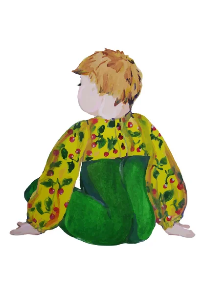 Ilustração pintada à mão de uma criança. Criança nos controles deslizantes verdes e blusa com cerejas . — Vetor de Stock