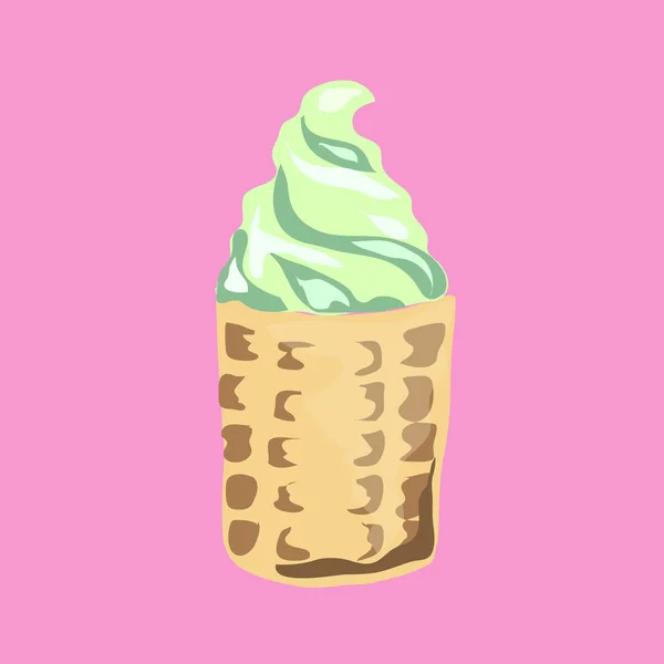 Ilustrace. Pistáciovou zmrzlinu v vaflový pohár. — Stockový vektor