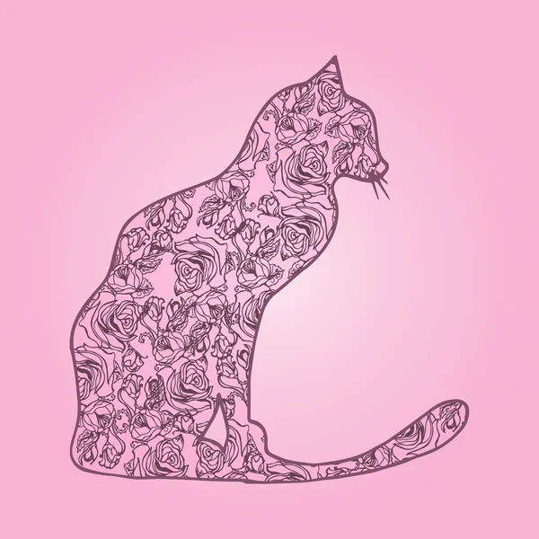 그림입니다. 핑크 바탕에 꽃과 고양이입니다. 스케치. — 스톡 벡터
