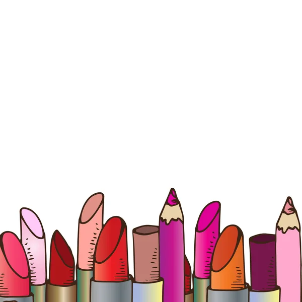 Illustration av kosmetika. Pennor och läppstift för make-up. Bakgrund. — Stock vektor