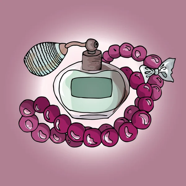 Ilustración de cosméticos. Conjunto de perfumes y perlas. Moda . — Vector de stock