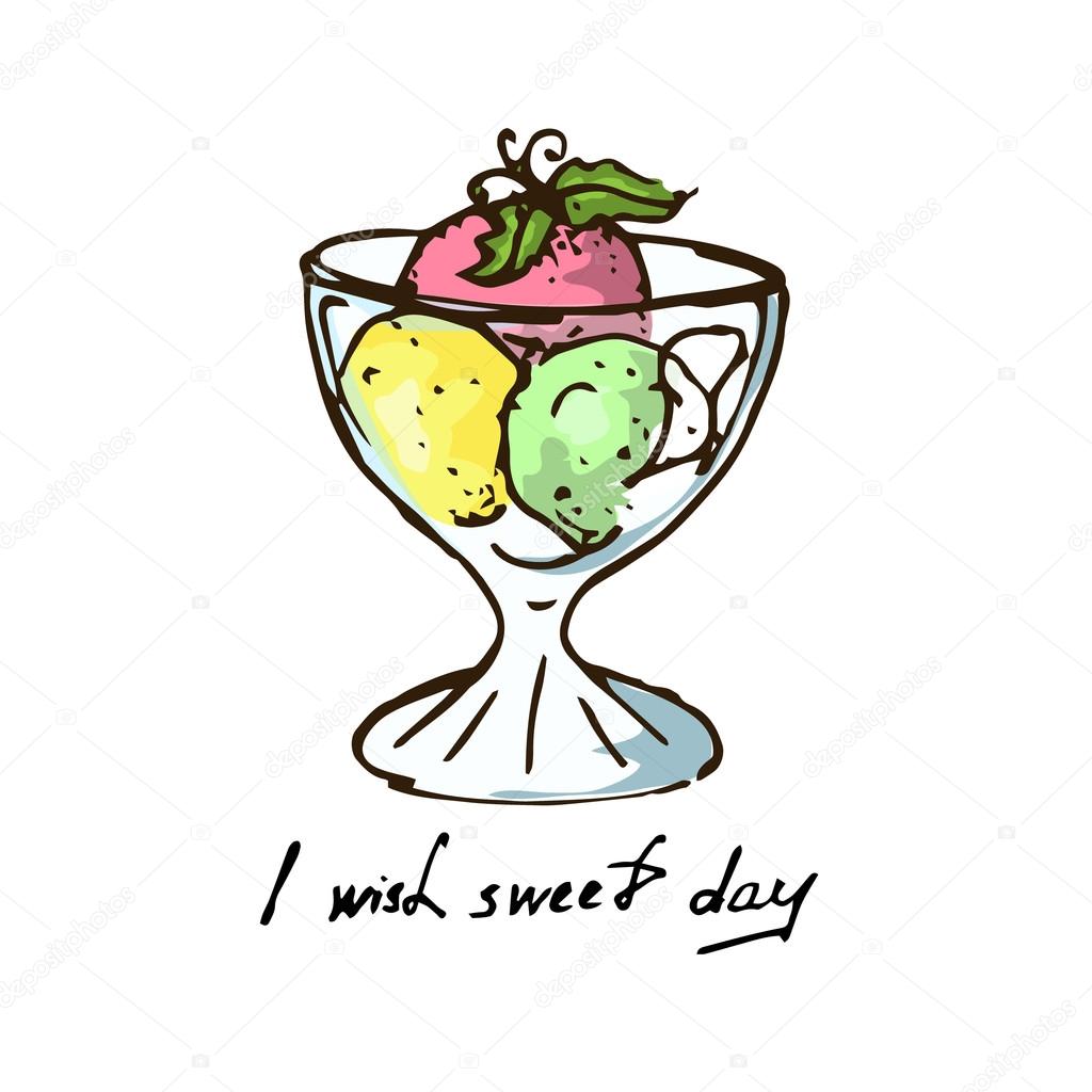 Illustration. Colored balls of ice cream with mint in the dish. I wish sweet day.