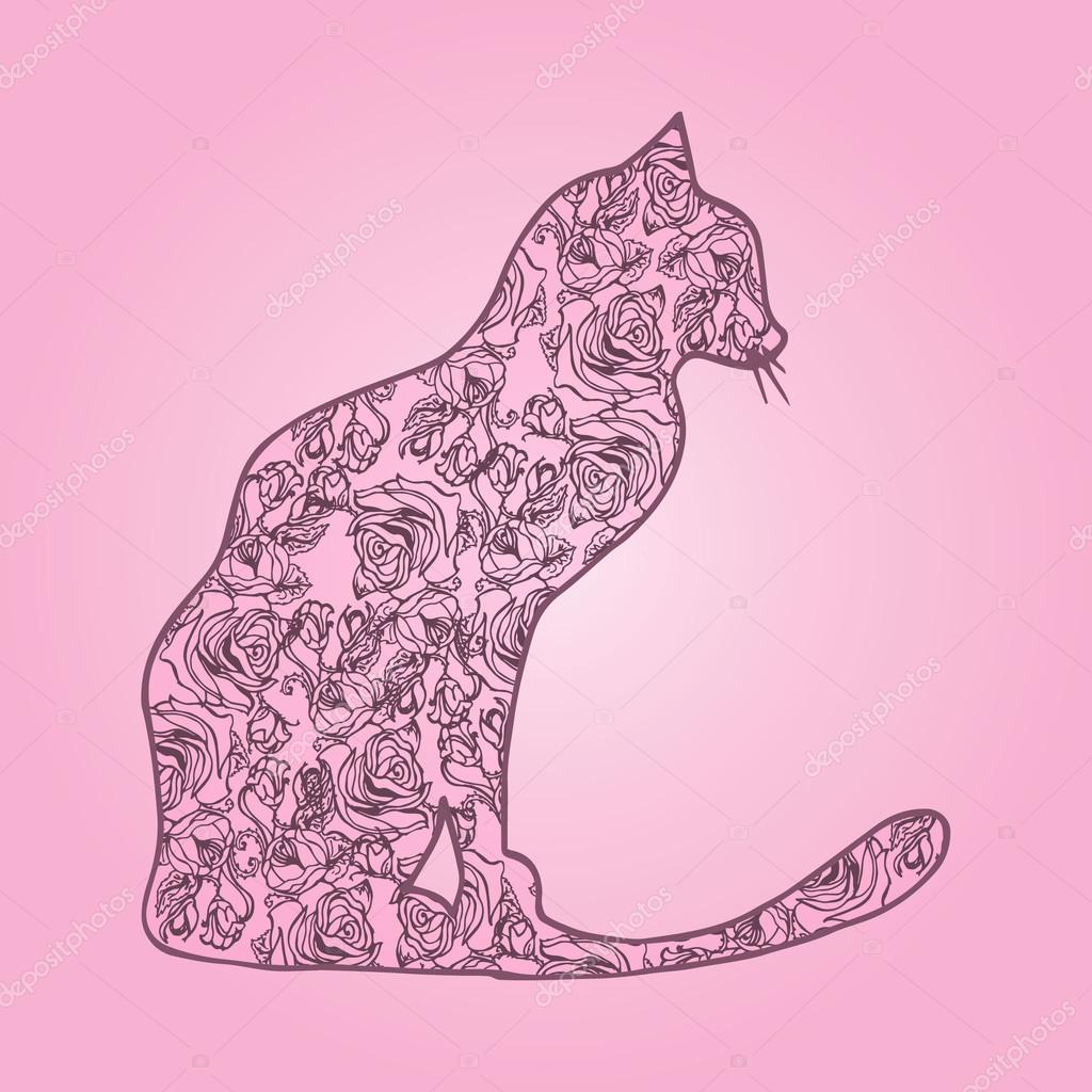 イラスト。ピンクの背景の花と猫。スケッチ. u2014 ストックベクター 