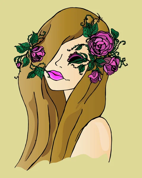 Ilustração de uma menina com flores no cabelo, desenho à mão —  Vetores de Stock