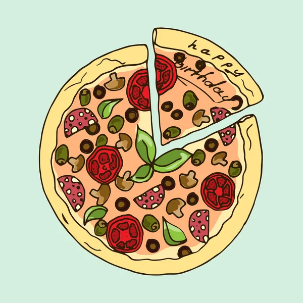Ilustração. Pizza apetitosa. Feliz Aniversário . — Vetor de Stock