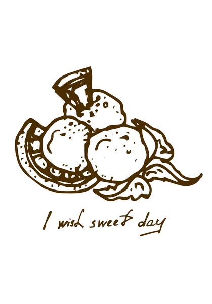 Illustration de boules de glace. Crème glacée avec un souhait. Carte postale noir et blanc . — Image vectorielle